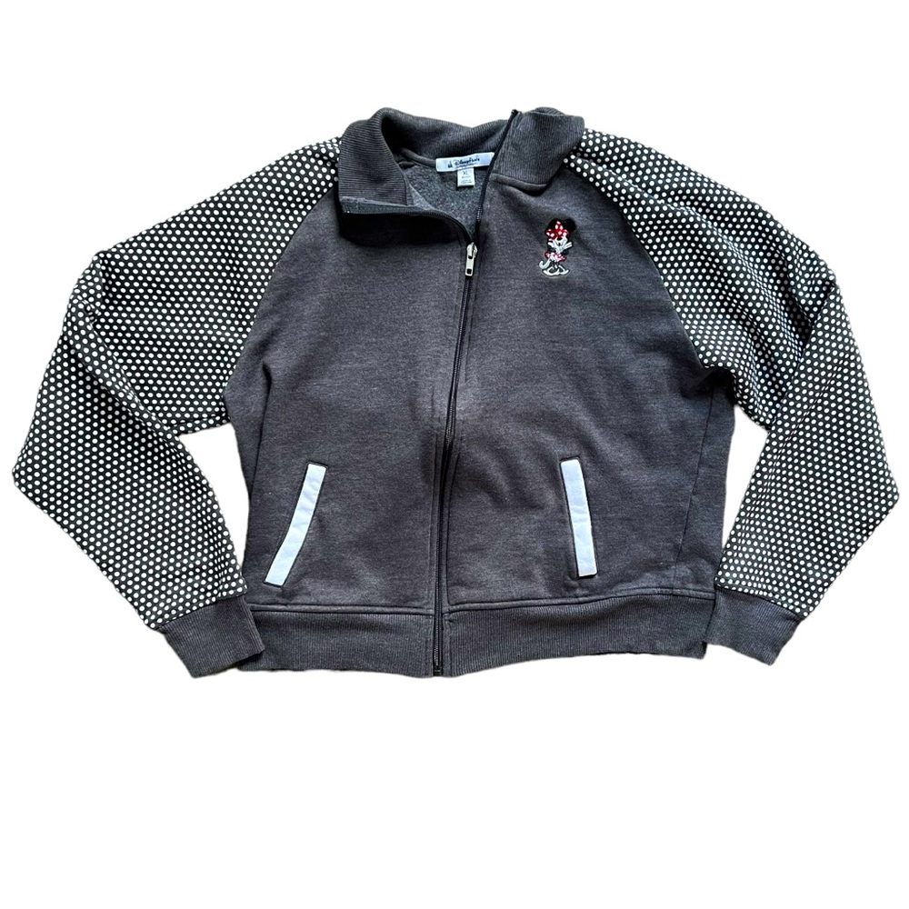 Disney Parks Minnie Mouse Embroidered Gray White Polka Dot Full Zip Jacket sz XL